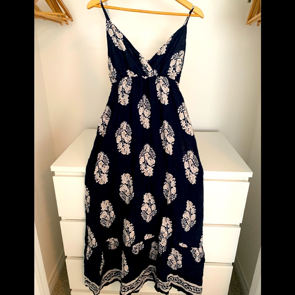 Maxi Dress, Dark Navy with Beige Floral Design, Size Medium, Like New Condition